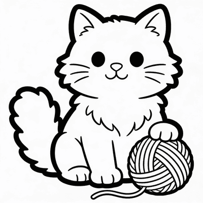 Color Fluffy Cartoon Cat Sitting with a Ball of Yarn together