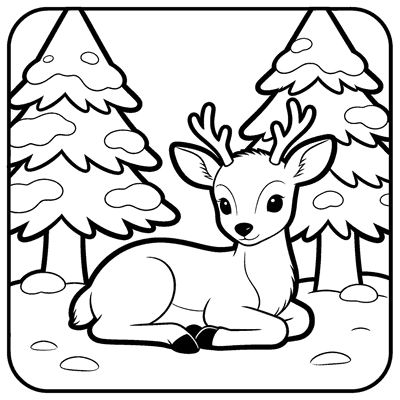 Color Young Reindeer Resting Under Snowy Pines together