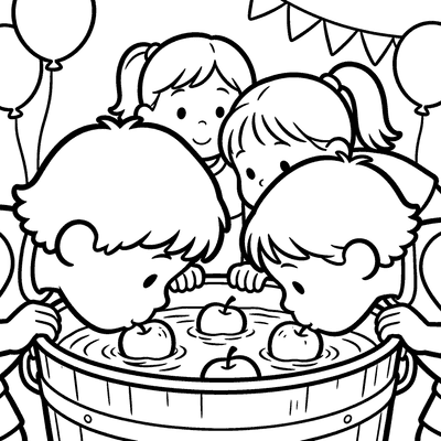Color Kids Bobbing for Apples at a Party together