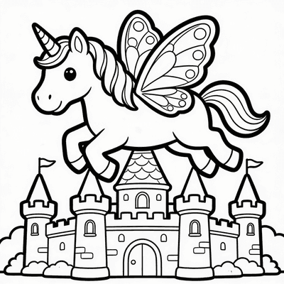 Color Flying Unicorn with Butterfly Wings Over a Castle together